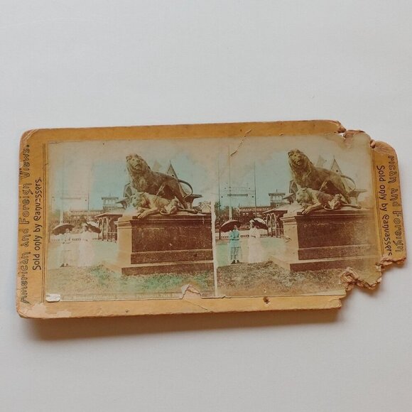 ANTIQUE Stereograph Card World's Fair Lion Statue Victorian Scene - Picture 1 of 5